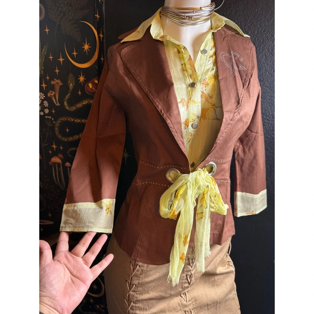 West 36 Brown Cotton Blazer Jacket Floral Collar Rhinestone Heart Size M J104